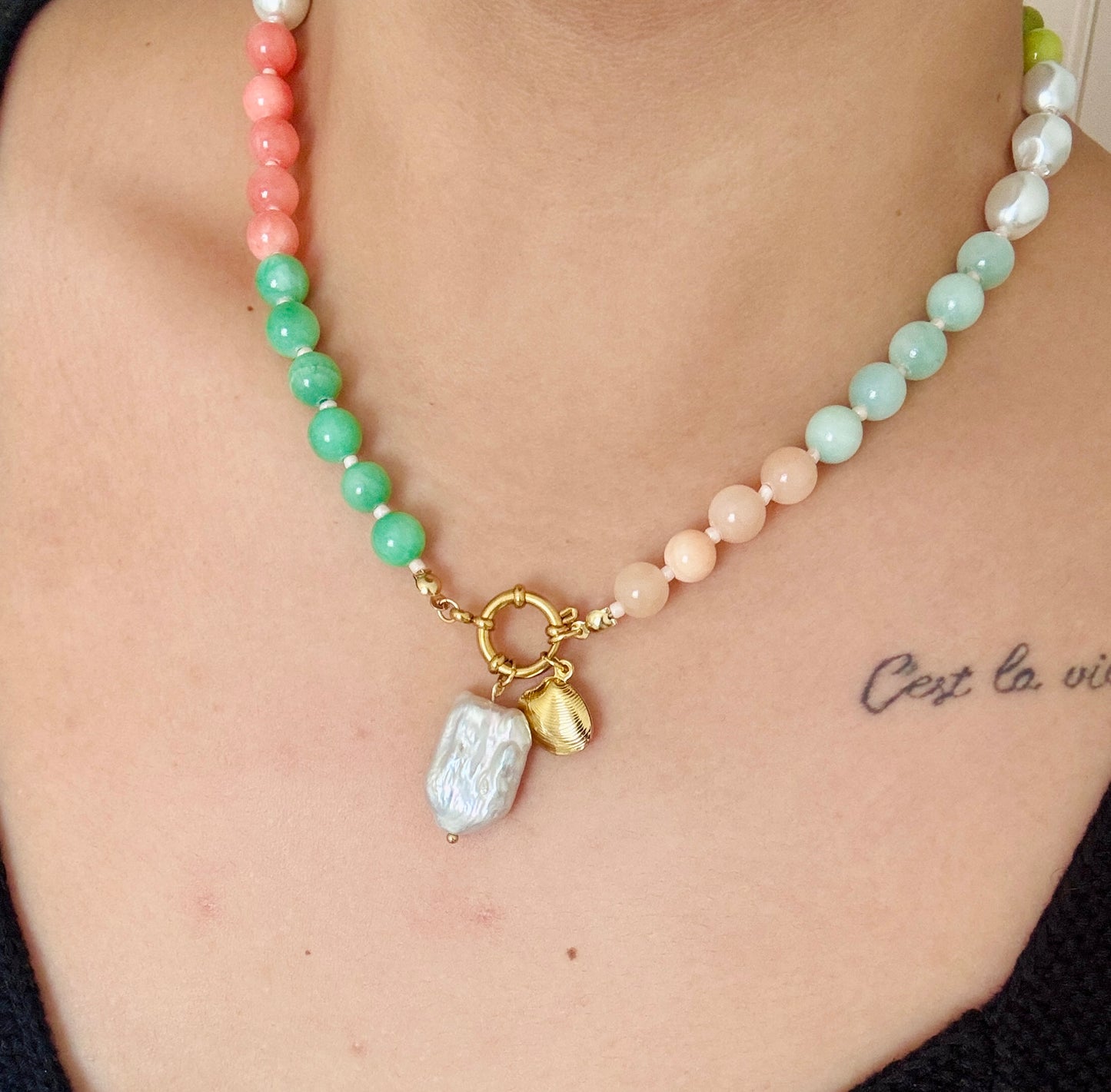 Pearl and shell, colorful beaded necklace