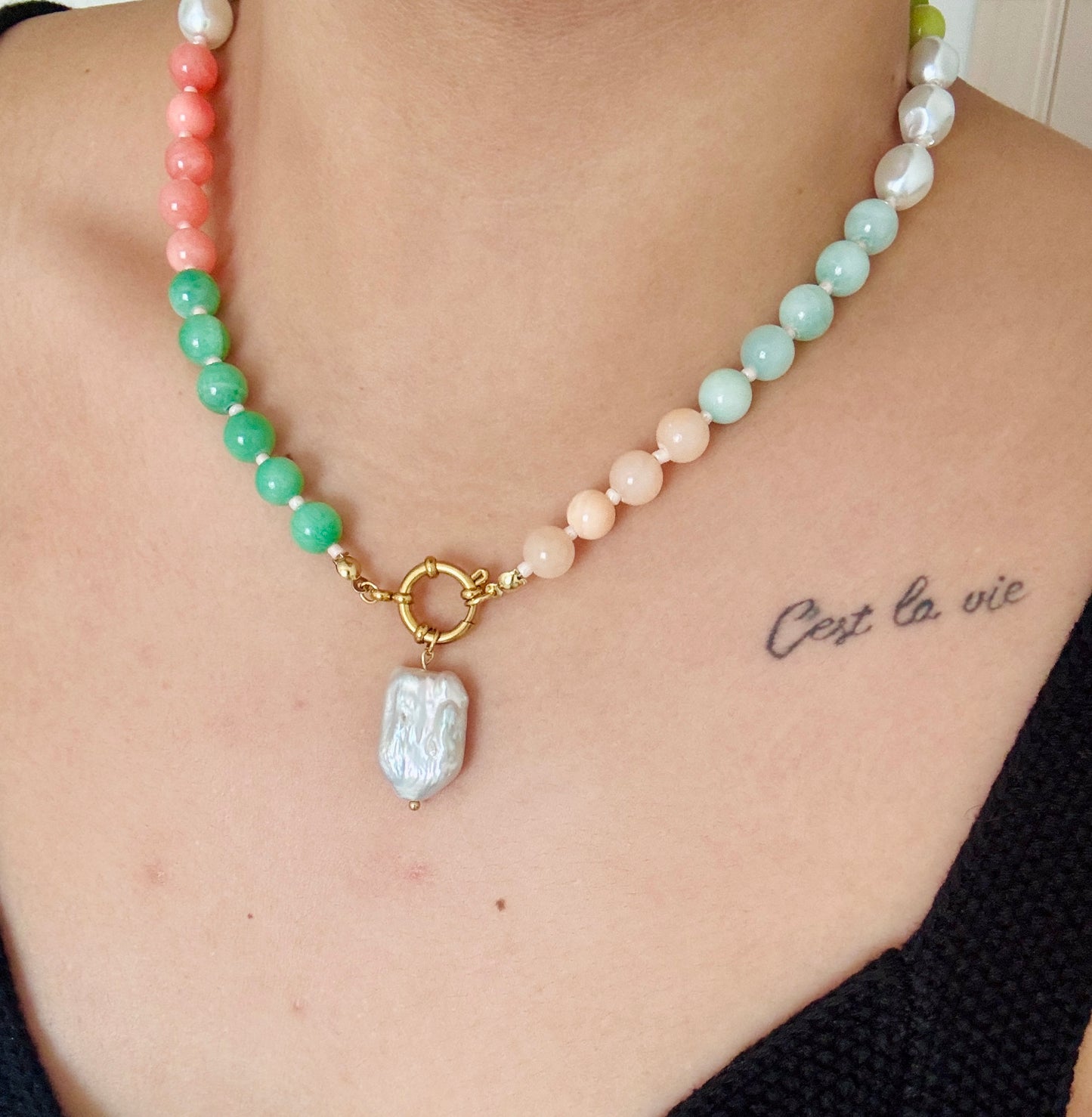 Pearl and shell, colorful beaded necklace