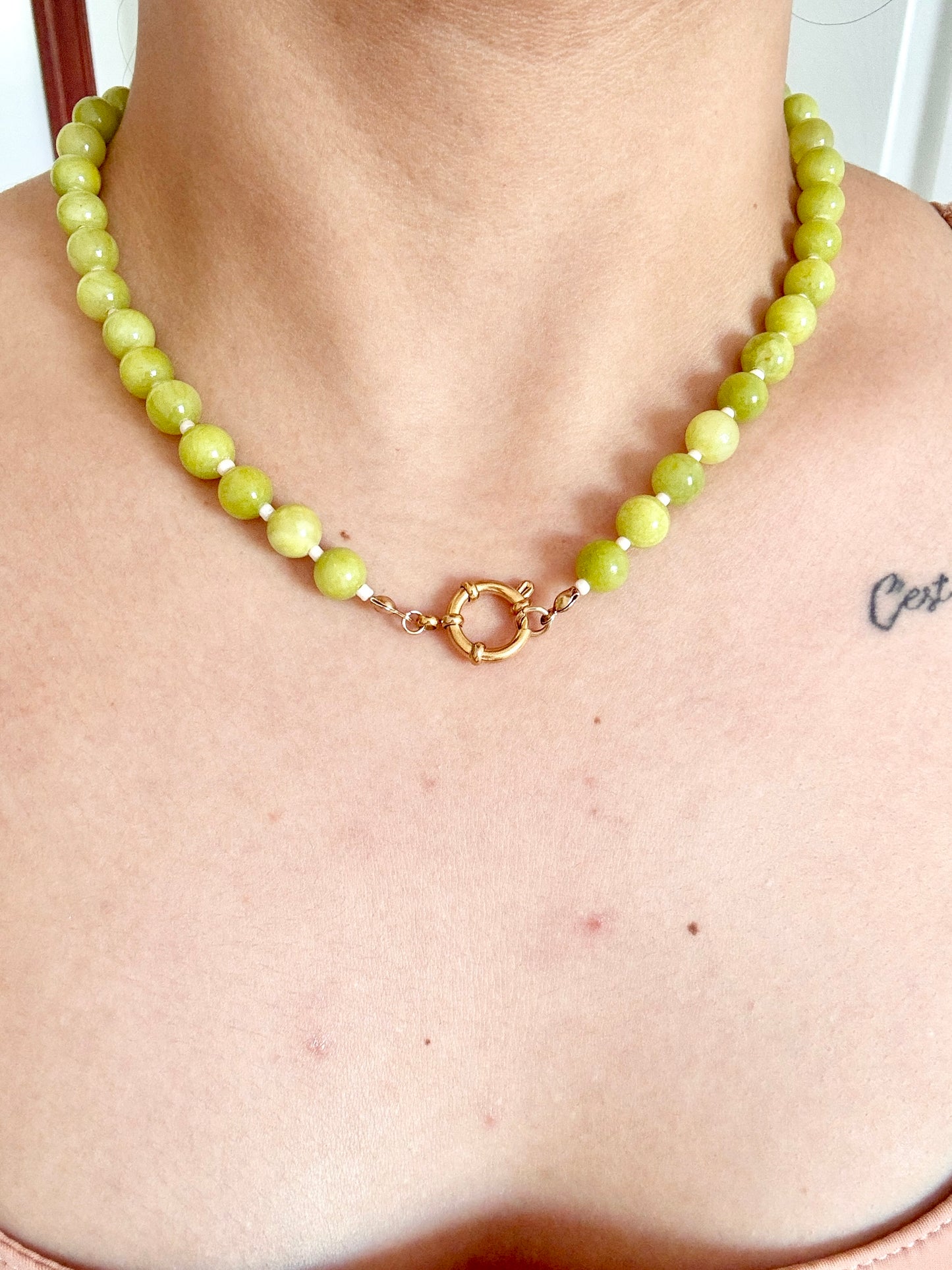 Starfish and pearl, green beaded necklace