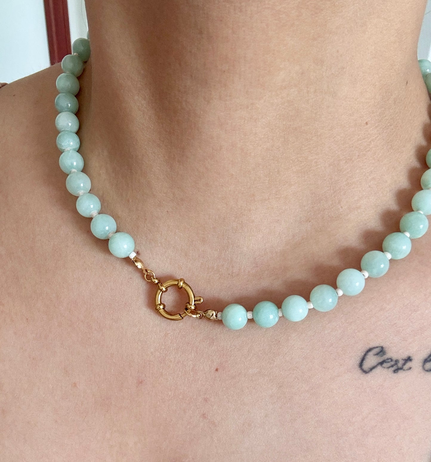 Dolphin and pearl, blue beaded necklace