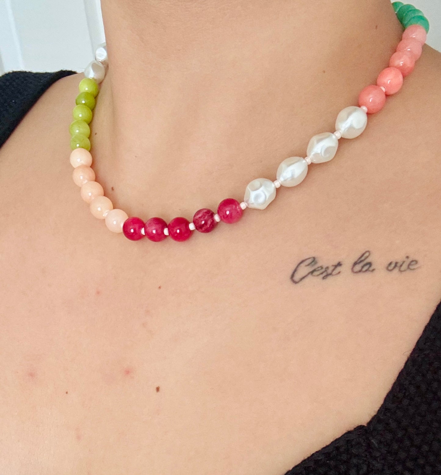 Pearl and shell, colorful beaded necklace