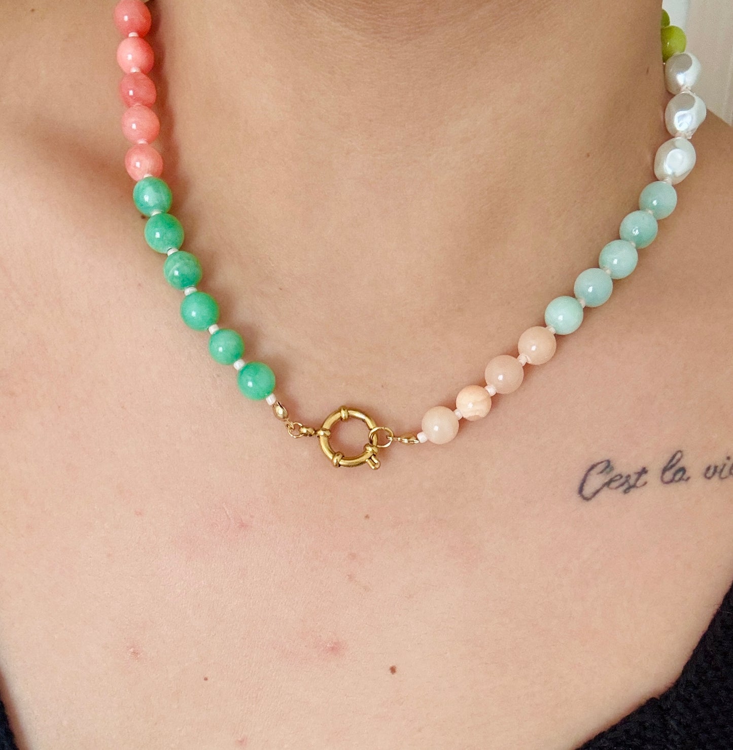 Pearl and shell, colorful beaded necklace