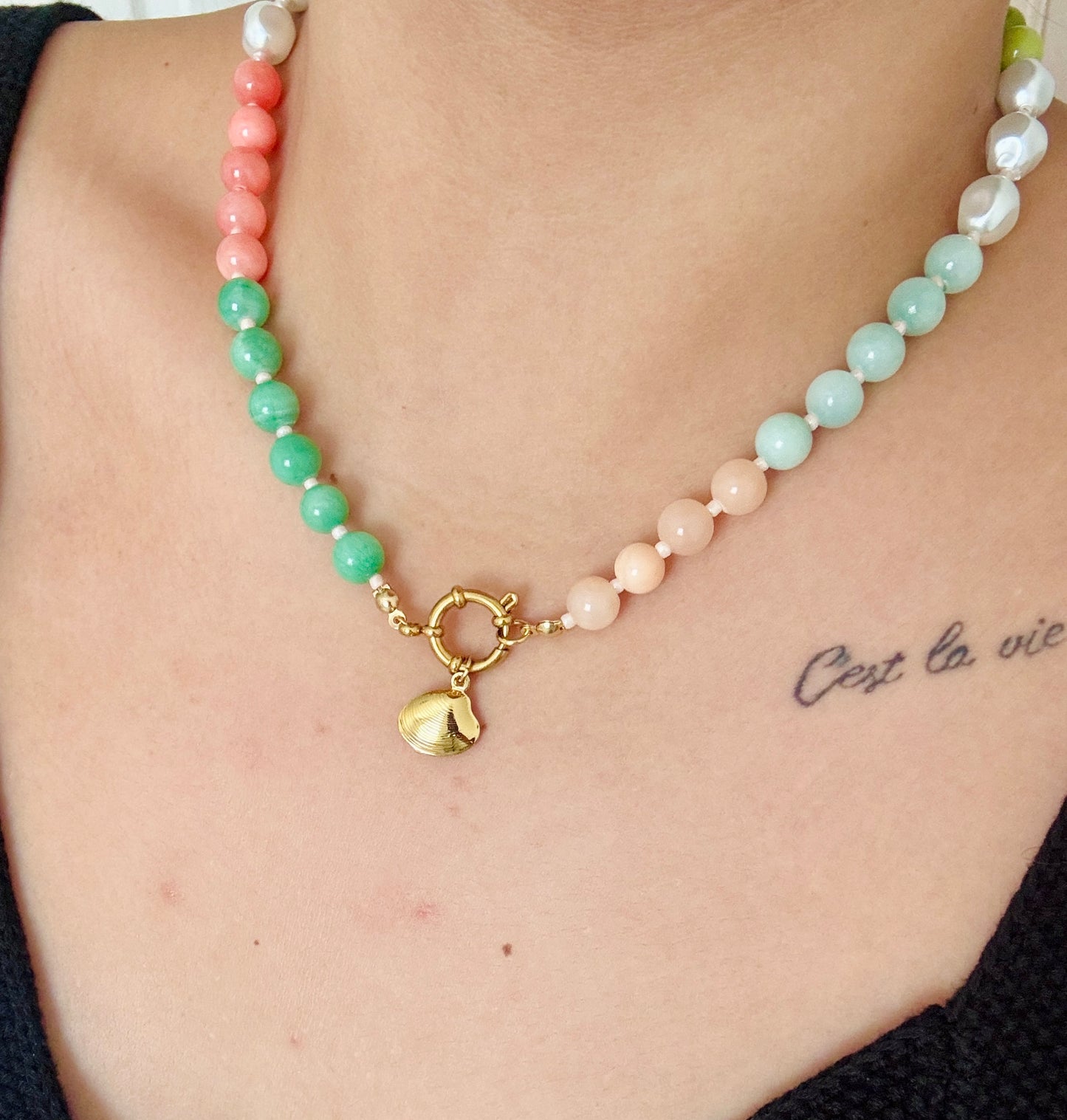 Pearl and shell, colorful beaded necklace