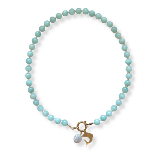 Dolphin and pearl, blue beaded necklace