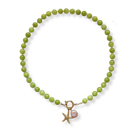 Starfish and pearl, green beaded necklace