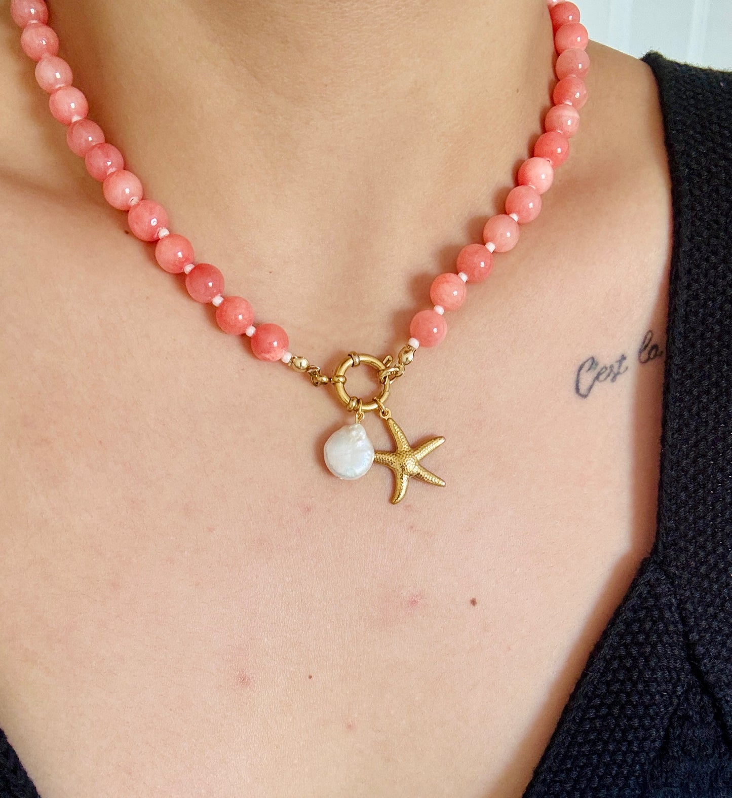 Starfish and pearl, pink beaded necklace