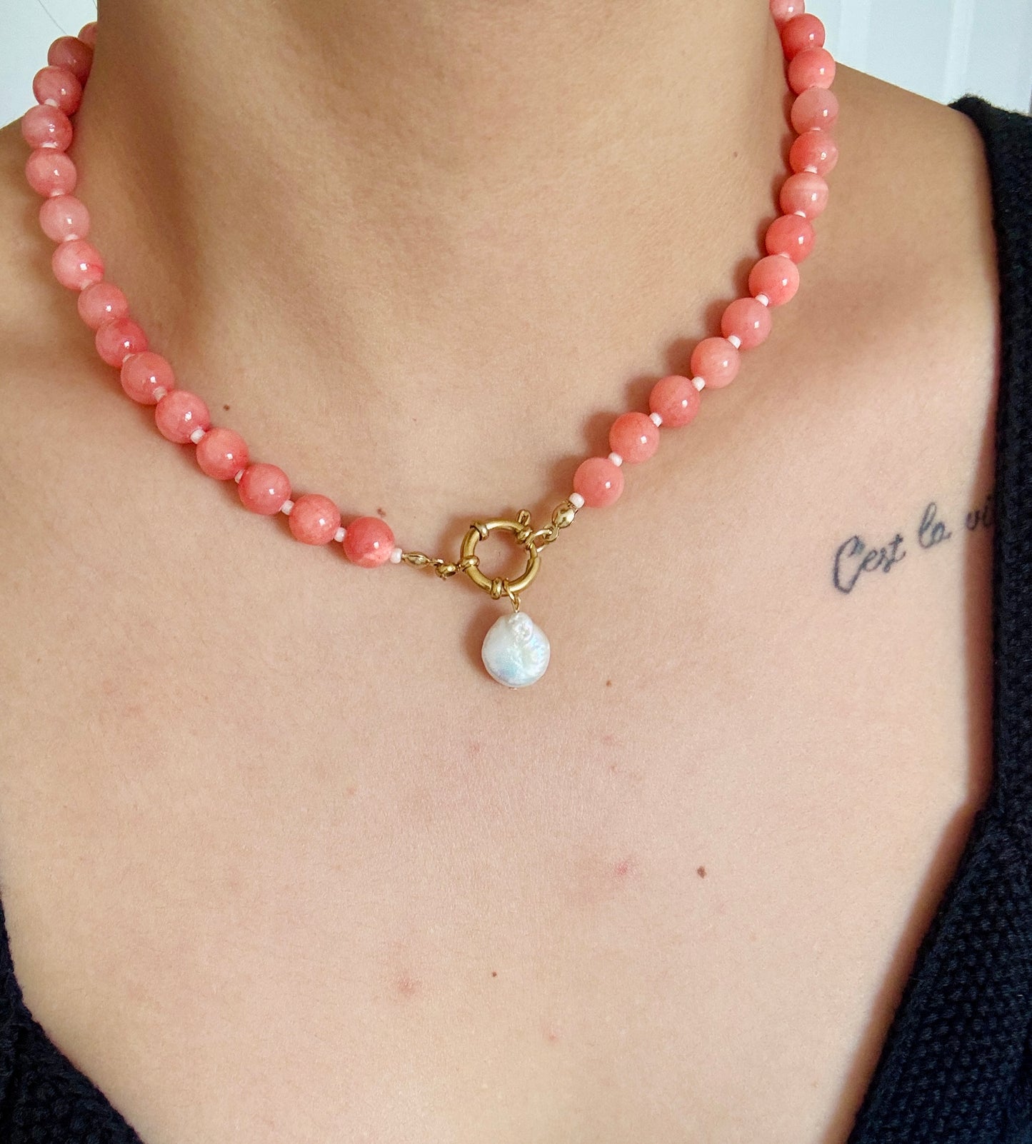 Starfish and pearl, pink beaded necklace
