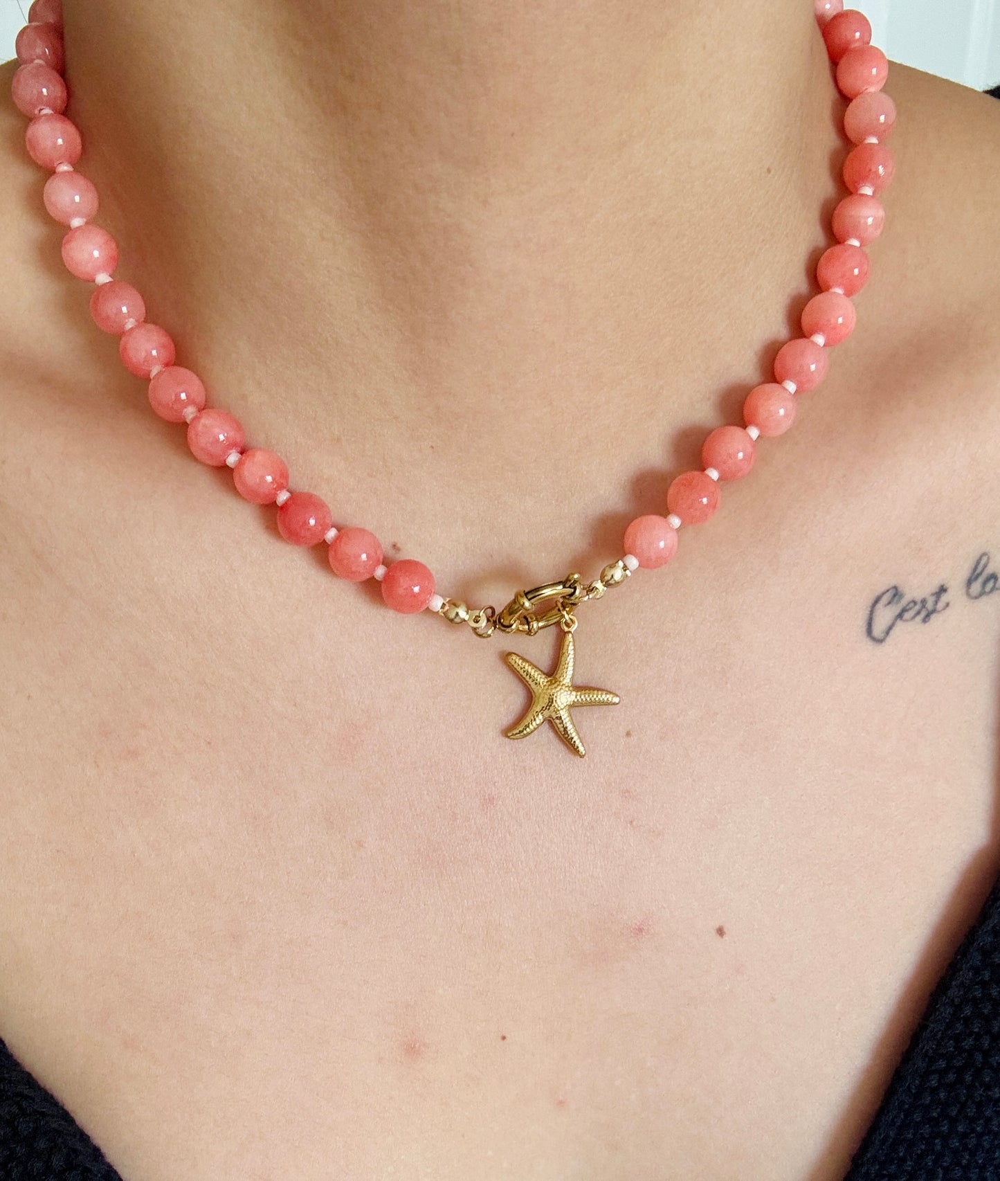 Starfish and pearl, pink beaded necklace