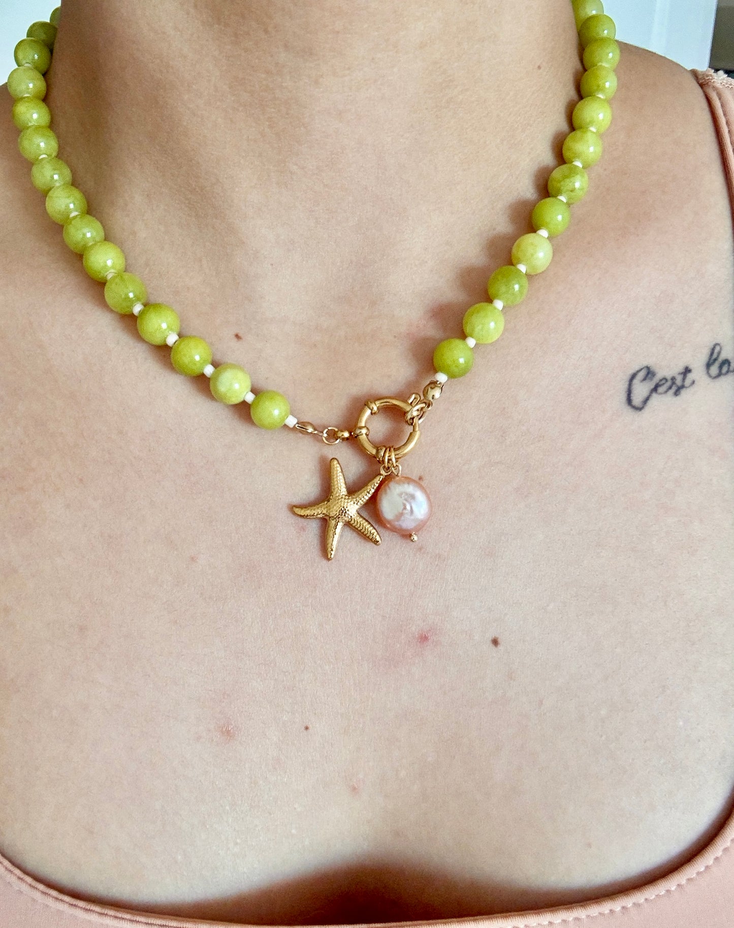 Starfish and pearl, green beaded necklace