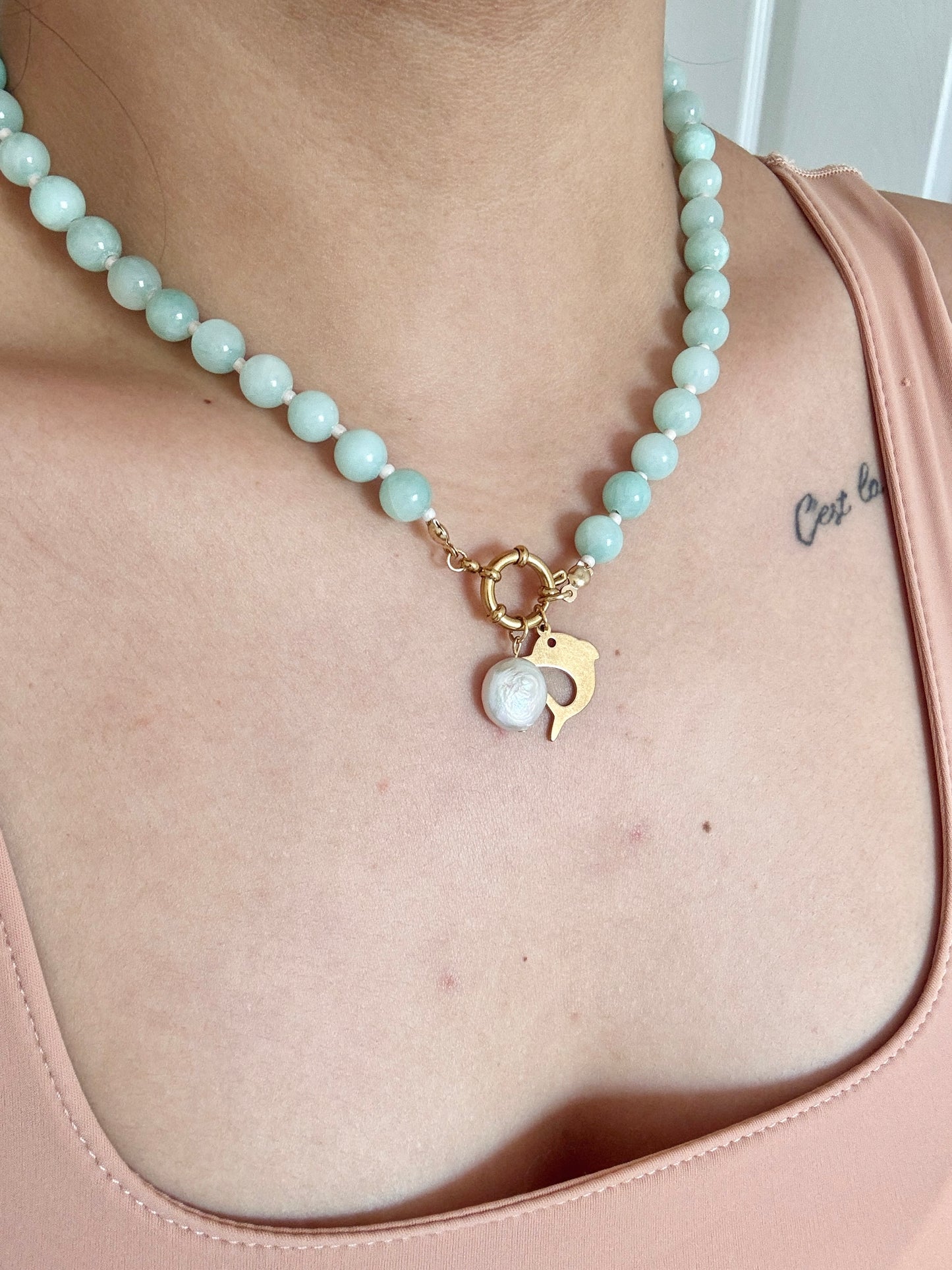 Dolphin and pearl, blue beaded necklace