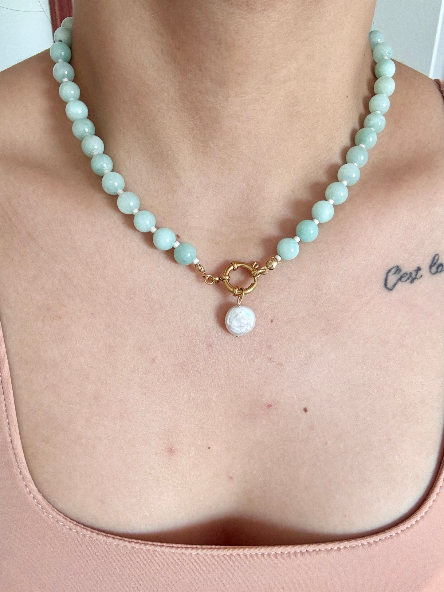 Dolphin and pearl, blue beaded necklace