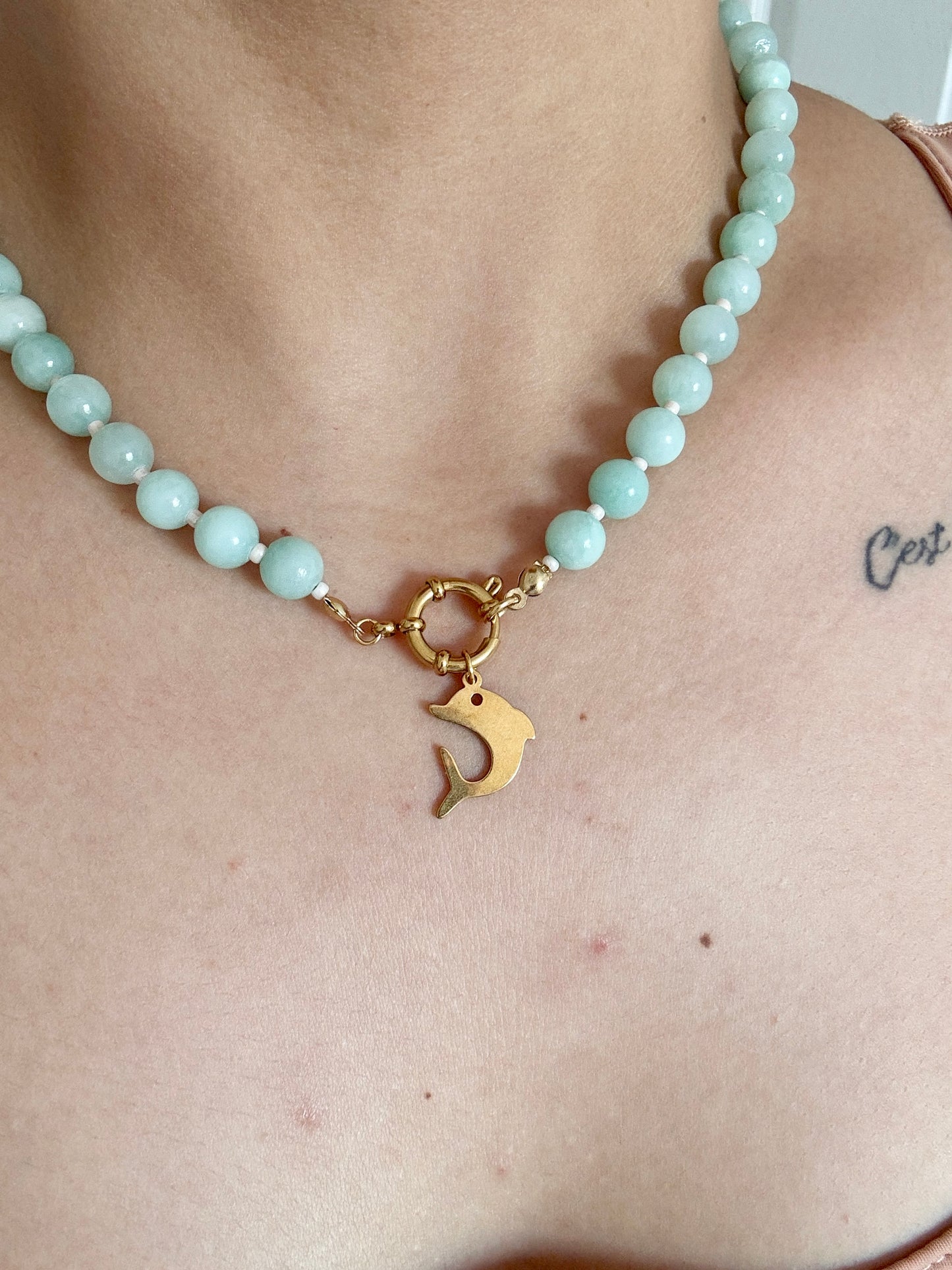 Dolphin and pearl, blue beaded necklace